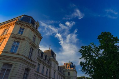 Aşağıdan gelen eski kampüs dış mimari nesnesi ağaç ve doymuş ama koyu mavi gökyüzü arkaplan arkaplan boşluğu
