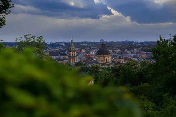 美丽的利沃夫乌克兰城市全景与教堂和市政厅塔楼空中摄影从公园的土地前景无精打采的叶景 戏剧性的云光 — 图库照片