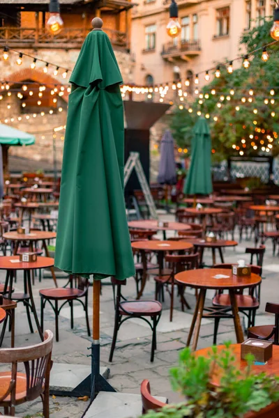 Patio Cafe Outdoor Exterior Furniture Environment Closed Umbrella Sitting Places — Foto de Stock