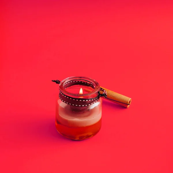 Candle Burning Jar Christmas Decoration Red Background — 图库照片