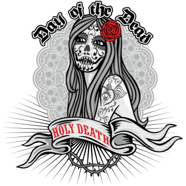 Meksikalı şeker kafatası ve kafatası makyajlı seksi dövmeli kızlar, eski moda grunge tasarım tişörtler.