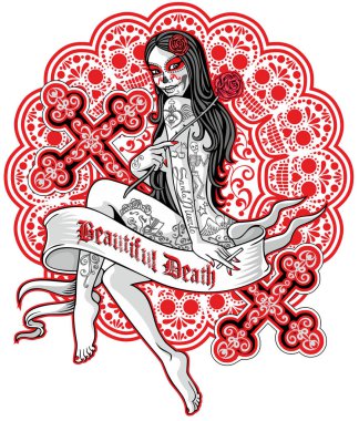 Meksikalı şeker kafatası ve kafatası makyajlı seksi dövmeli kızlar, eski moda grunge tasarım tişörtler.