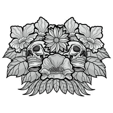 Kafatası ve çiçekli gotik tabela, grunge marka tişörtler.