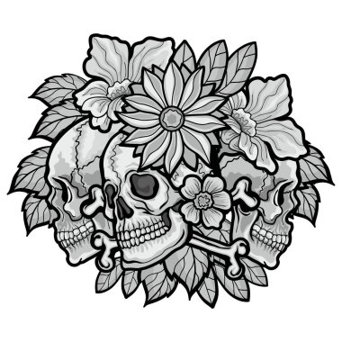 Kafatası ve çiçekli gotik tabela, grunge marka tişörtler.