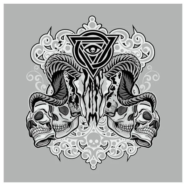 牡羊座の頭蓋骨とゴシックサイン グランジヴィンテージデザインTシャツ — ストックベクタ