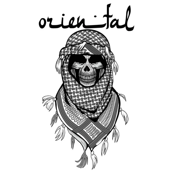 Tengkorak Oriental Dengan Syal Arab Grunge Desain Vintage Shirt - Stok Vektor