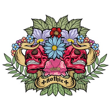 Kafatası ve çiçekli gotik tabela, grunge marka tişörtler.