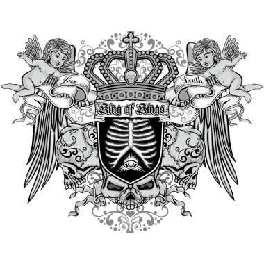 Kafatası ve meleklerle gotik tabela, grunge vintage tasarım tişörtler.