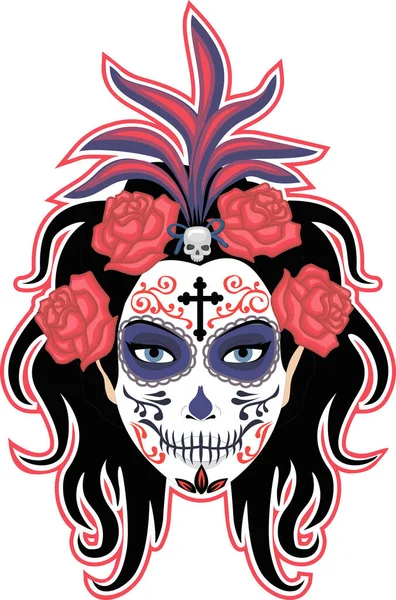 Calavera Azúcar Mexicana Chica Con Maquillaje Cráneo Camisetas Diseño Vintage — Vector de stock