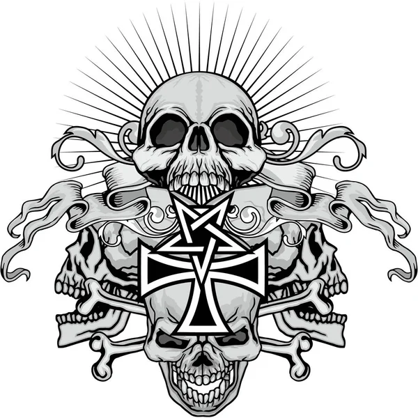 頭蓋骨と十字架とゴシックサイン グランジヴィンテージデザインTシャツ — ストックベクタ
