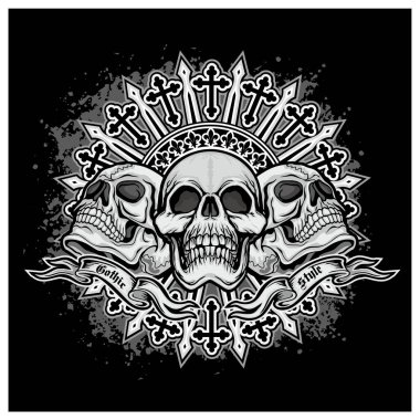 Kafatası ile gotik tabela, grunge vintage tasarım tişörtler