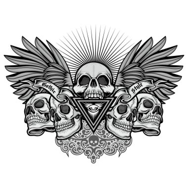 Kafatası ile gotik tabela, grunge vintage tasarım tişörtler