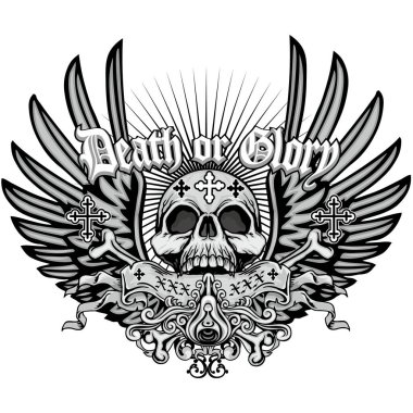 Kafatası ve kanatlı gotik tabela, grunge vintage tasarım tişörtler