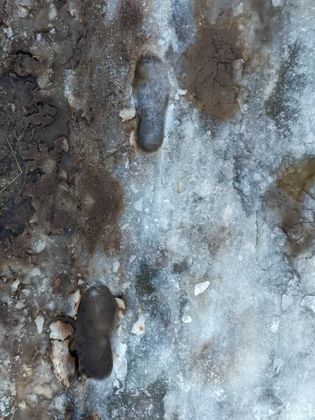 Footprints Melting Snow Footprint Shoes Dirty Snow Texture Muddy Snow — Stockfoto