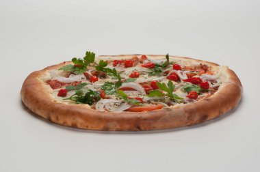 Pizza, dünyanın en çok tüketilen yiyeceklerinden biri, çok sayıda çeşidi ve çeşidi var, lezzetli, tatlı, fırında kızartılmış, vs...