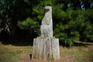 EYLÜL 2021 - HILLION - FRANCE: Bir su samurunu temsil eden ağaç gövdesindeki heykel