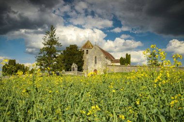 La Genevraye köyündeki bir kolza tarlasının ortasındaki bir kilise manzarası.
