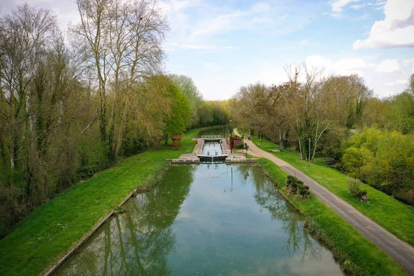 Vista Aérea Sobre Canal Loing Aldeia Genevraye Seine Marne França — Fotografia de Stock