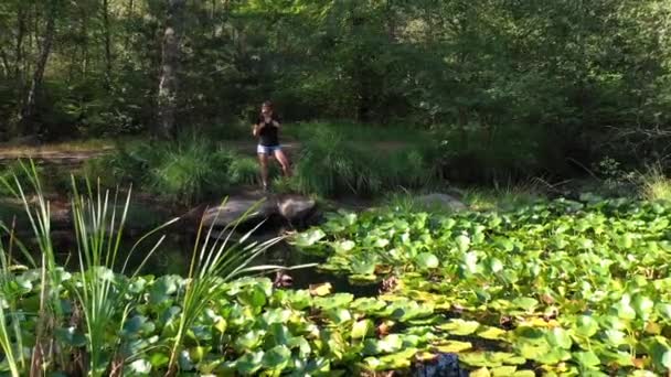 Caucasian Woman Hiking Forest — Stock Video