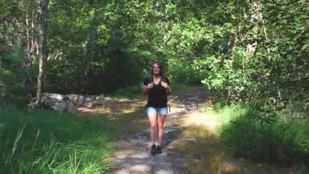 Caucasian Woman Hiking Forest — Stockvideo