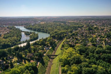 aerial  view on the cities of Thomery, Champagne sur Seine and Saint Mammes and Veneux les Sablons in Seine et Marne in France