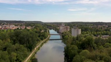aerial view on the river the loing and the Charles Hochart bridge on the city of Nemours