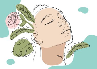 Çağdaş kadın yüzü, el çizimi illüstrasyon, modern çizgi sanat yüzü çizimi, sürekli çizgi, pastel renklerle minimalist konsept