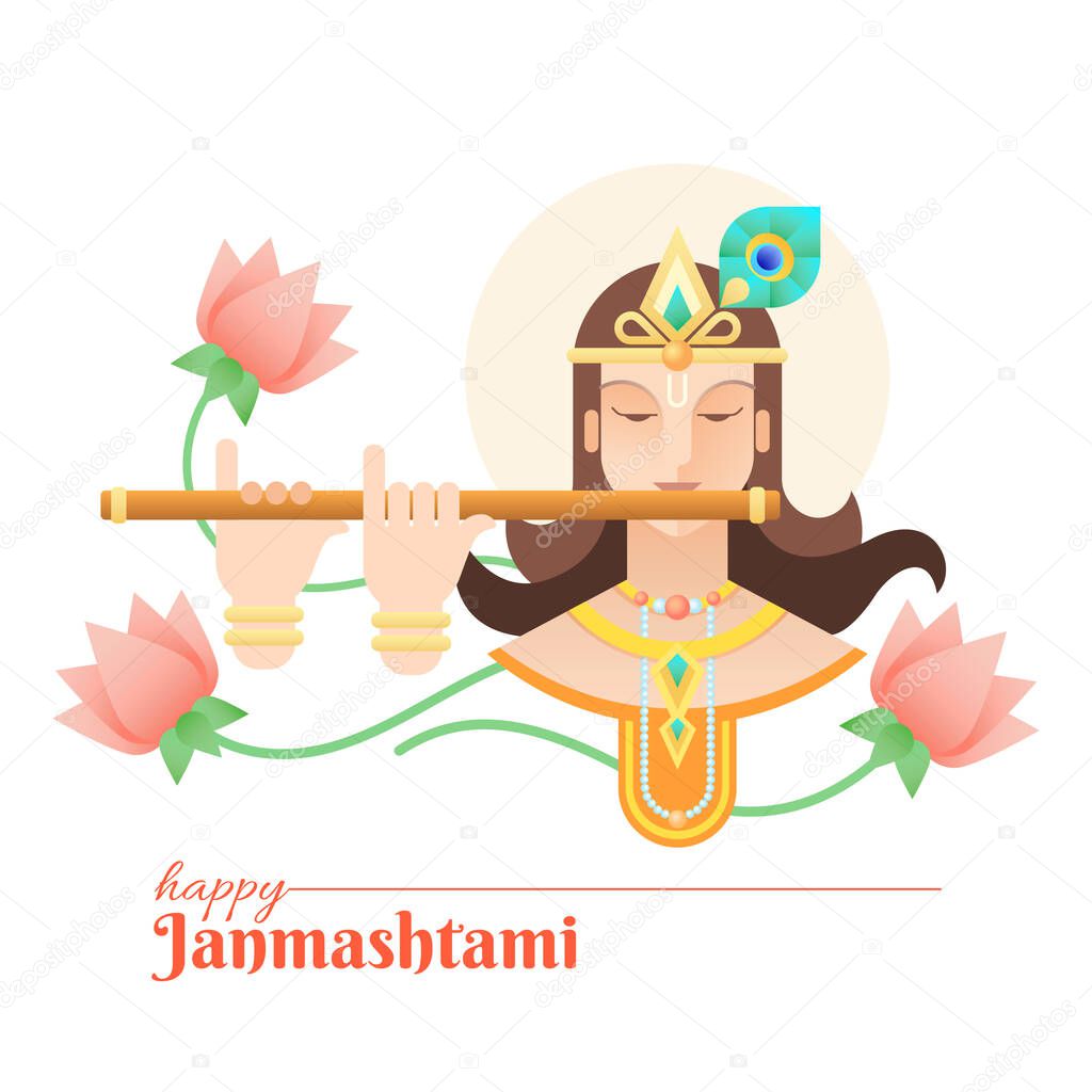 Beautiful happy krishna janmashtami art work with flute on white background