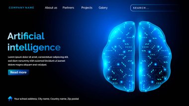 Yapay zeka teknolojisi temalı iniş sayfası ve fütürist tarzda beyin simgesi