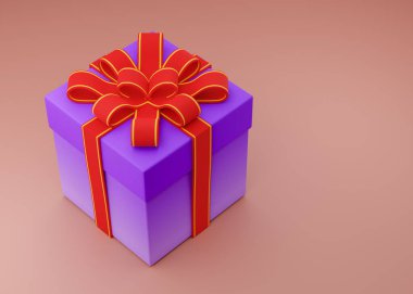 Kırmızı ambalaj kurdeleli mor hediye kutusu ve üstünde pastel arka planda kopyalanmış bir fiyonk. 3 Boyutlu Hazırlama.