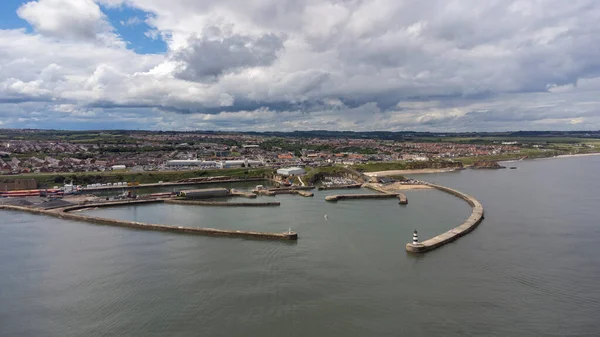 Aerial shot above Seaham lighthouse and pier in 4k, Durham, UK — Photo