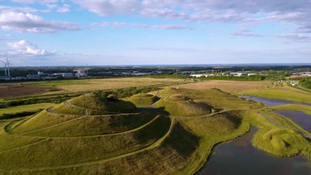 Aerial Bird Eye View Northumberlandia Huge Land Sculpture Shape Reclining — Stock video