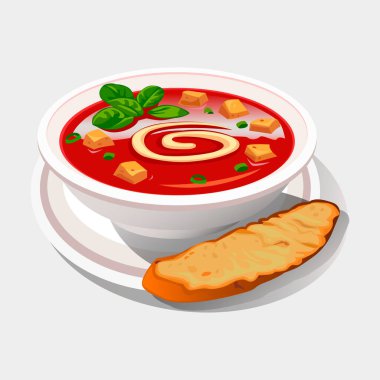 Sıcak, borş, domates püresi çorbası, gulaş, çorba as, kharço, Ratatouille, bir tabakta, baget, ekmek, vektör....