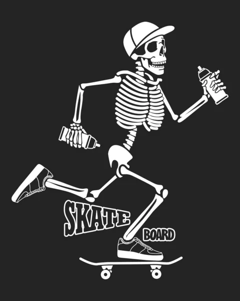 Skeleton Plimbări Skateboard Imprimare Tricou Logo Ilustrație Fundal Negru — Fotografie, imagine de stoc
