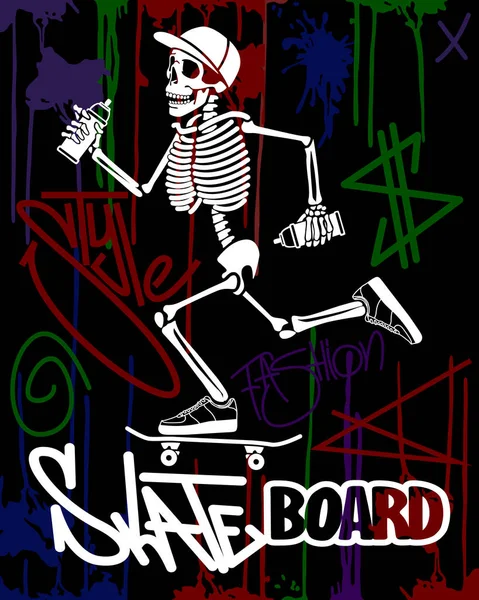 Skeleton Rides Skateboard Paint Splatter Design Fashion Style Drawing Black — Stock Photo, Image