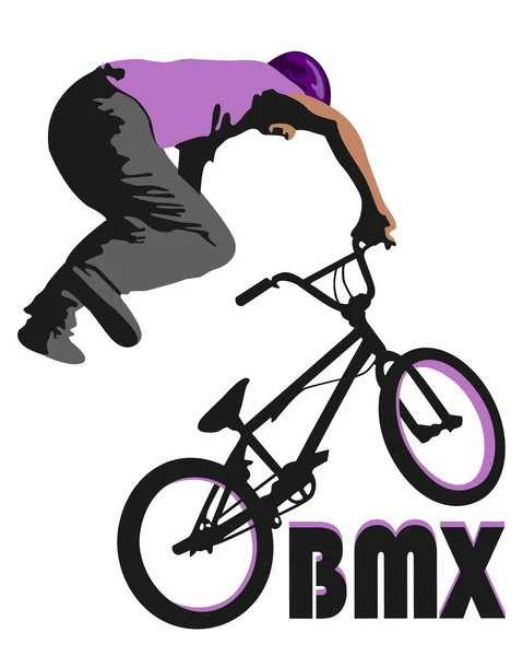 Illustration, silhouette of a cyclist, on a white background, a cyclist in a purple helmet, purple t-shirt, gray pants, doing tricks on a bike.