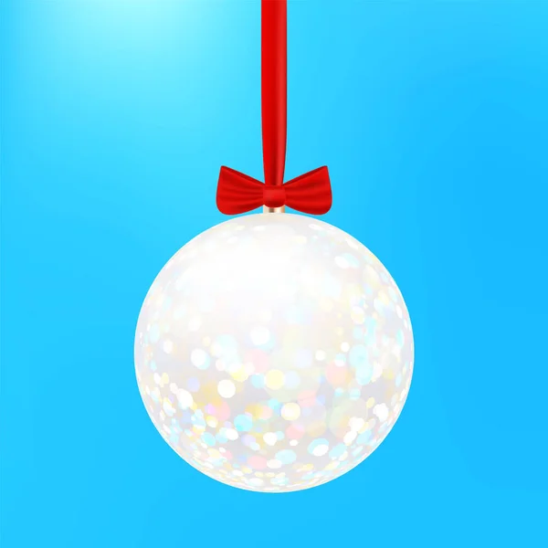 Witte Kerstbal Met Glitter Rode String Met Fine Highlights Geïsoleerd — Stockvector