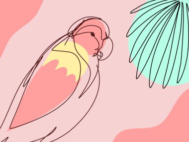 Yumuşak Pastel Arkaplanda Modern Benekli Papağan. Düzenlenebilir Vuruşlu Vektör Tropikal Tasarımı. Zarif Minimalist Sanatlar.