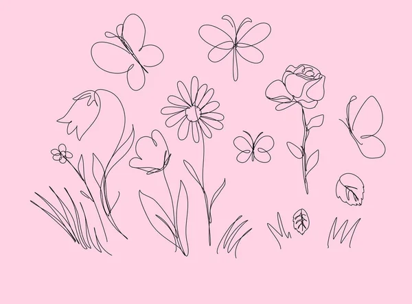 Fleurs Herbes Herbe Libellule Papillons Ligne Continue Dessin Isolé Sur — Image vectorielle