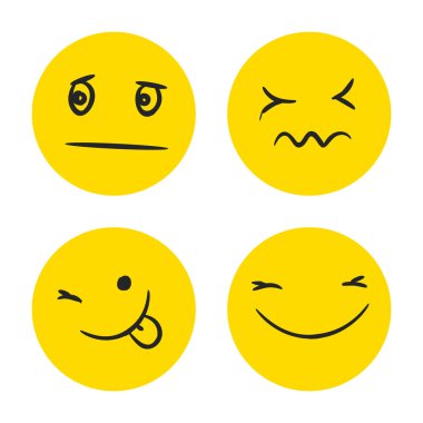 Vector Happy Doodle Gülücük Koleksiyonu Beyaz Arkaplanda izole edildi. Basit Yüzler. Şirin Simge Ayarları.