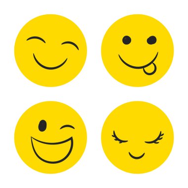 Vector Happy Doodle Gülücük Koleksiyonu Beyaz Arkaplanda izole edildi. Basit Yüzler. Şirin Simge Ayarları.