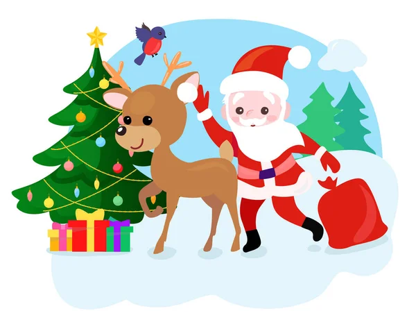 Święty Mikołaj Jego Jeleń Kartka Świąteczna Płaska Konstrukcja Wszystkie Obrazy — Wektor stockowy