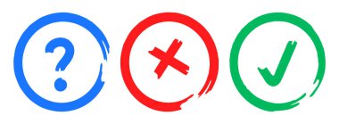 Mavi soru, kırmızı X, dairelerde yeşil kene, onay işareti koleksiyonu. Vektör testi, sınav, anket, seçim seçeneği şablonları.