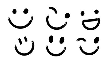 Vector Happy Doodle Gülücük Koleksiyonu Beyaz Arkaplanda izole edildi. Basit Yüzler. Şirin Simge Ayarları.