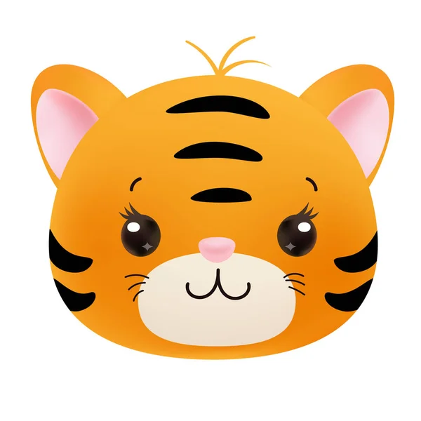 Urocza Tygrysia Głowa Słodkim Uśmiechem Różowym Nosem Styl Kreskówki Wektor — Wektor stockowy