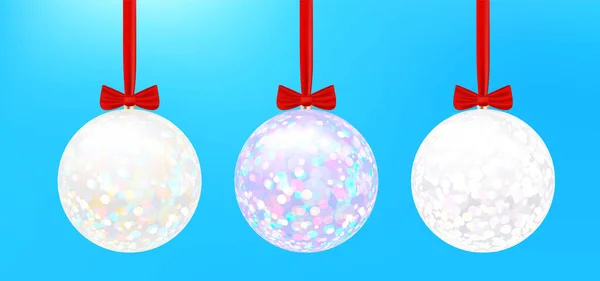 White Christmas Ball Set Třpytkami Červeném Provázku Jemnými Zvýraznění Izolované — Stockový vektor