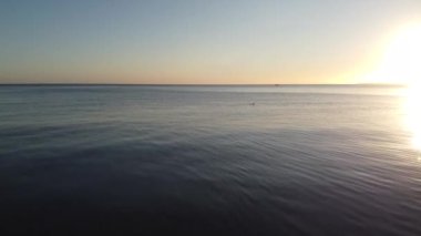 Şafak vakti dingin denizin üzerinde yüzen ördeğin havadan görünüşü