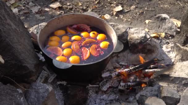 Kamp Alanındaki Şenlik Ateşinde Meyveli Kazan Isıtılıyor — Stok video