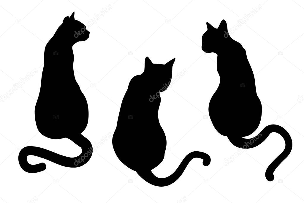  vector illustration of three black silhouettes of cats isolated on a white background
