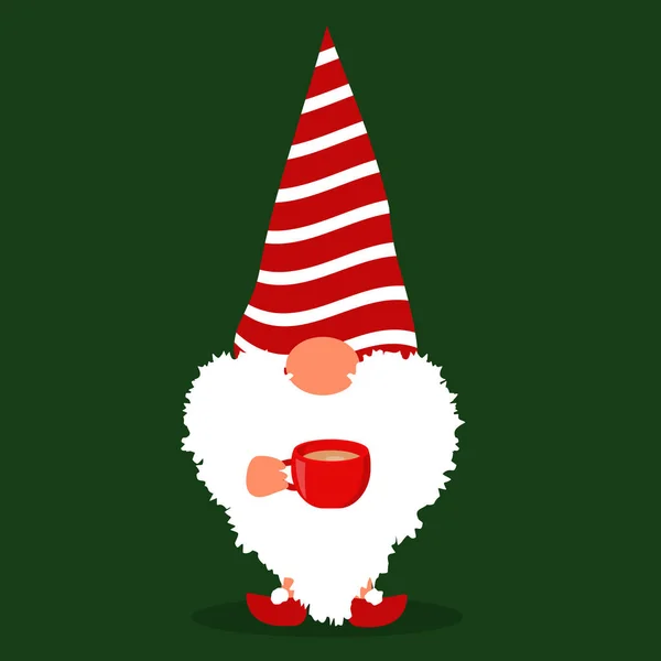 Vector Illustration Little Gnome Christmas Style Dark Green Background Red — Stock Vector